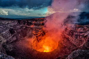 Volcano,Crater,Eruption,With,Flowing,Lava,And,Smoke.,The,Masaya