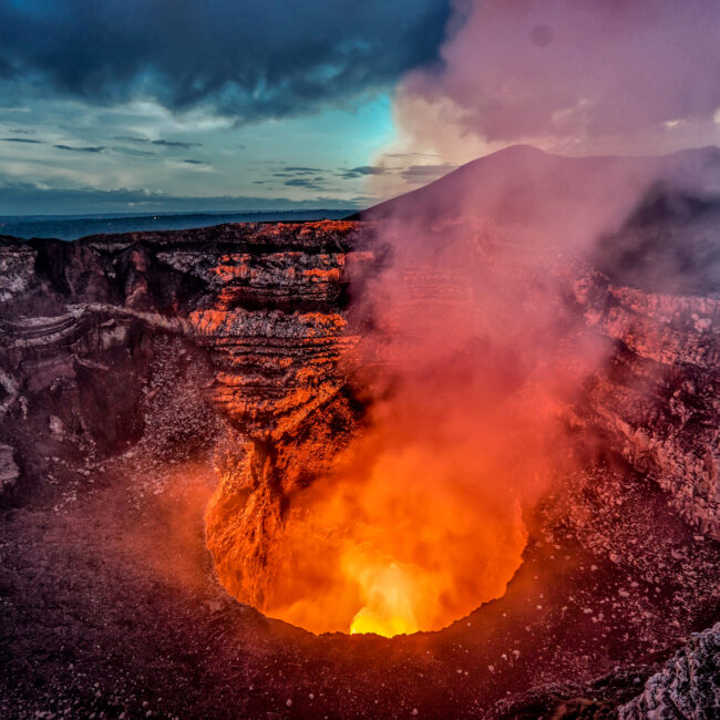 Volcano,Crater,Eruption,With,Flowing,Lava,And,Smoke.,The,Masaya